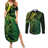 New Zealand Lizard Couples Matching Summer Maxi Dress and Long Sleeve Button Shirt Silver Fern Aotearoa Maori Green Version LT14 Green - Polynesian Pride