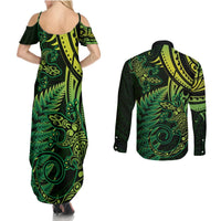 New Zealand Lizard Couples Matching Summer Maxi Dress and Long Sleeve Button Shirt Silver Fern Aotearoa Maori Green Version LT14 - Polynesian Pride