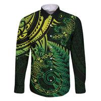 New Zealand Lizard Family Matching Off The Shoulder Long Sleeve Dress and Hawaiian Shirt Silver Fern Aotearoa Maori Green Version LT14 Dad's Shirt - Long Sleeve Green - Polynesian Pride