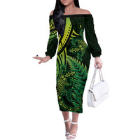 New Zealand Lizard Family Matching Off The Shoulder Long Sleeve Dress and Hawaiian Shirt Silver Fern Aotearoa Maori Green Version LT14 Mom's Dress Green - Polynesian Pride