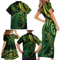 New Zealand Lizard Family Matching Short Sleeve Bodycon Dress and Hawaiian Shirt Silver Fern Aotearoa Maori Green Version LT14 - Polynesian Pride