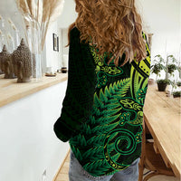 New Zealand Lizard Women Casual Shirt Silver Fern Aotearoa Maori Green Version