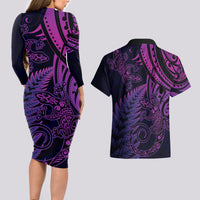 New Zealand Lizard Couples Matching Long Sleeve Bodycon Dress and Hawaiian Shirt Silver Fern Aotearoa Maori Purple Version LT14 - Polynesian Pride