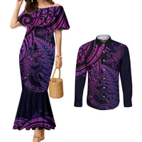 New Zealand Lizard Couples Matching Mermaid Dress and Long Sleeve Button Shirt Silver Fern Aotearoa Maori Purple Version LT14 Purple - Polynesian Pride