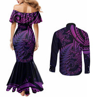 New Zealand Lizard Couples Matching Mermaid Dress and Long Sleeve Button Shirt Silver Fern Aotearoa Maori Purple Version LT14 - Polynesian Pride