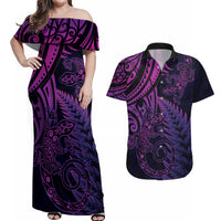 New Zealand Lizard Couples Matching Off Shoulder Maxi Dress and Hawaiian Shirt Silver Fern Aotearoa Maori Purple Version LT14 Purple - Polynesian Pride