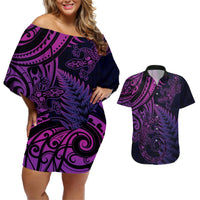 New Zealand Lizard Couples Matching Off Shoulder Short Dress and Hawaiian Shirt Silver Fern Aotearoa Maori Purple Version LT14 Purple - Polynesian Pride