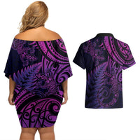 New Zealand Lizard Couples Matching Off Shoulder Short Dress and Hawaiian Shirt Silver Fern Aotearoa Maori Purple Version LT14 - Polynesian Pride