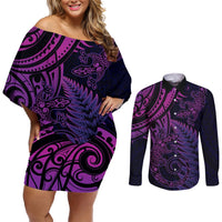 New Zealand Lizard Couples Matching Off Shoulder Short Dress and Long Sleeve Button Shirt Silver Fern Aotearoa Maori Purple Version LT14 Purple - Polynesian Pride