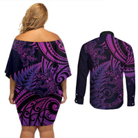 New Zealand Lizard Couples Matching Off Shoulder Short Dress and Long Sleeve Button Shirt Silver Fern Aotearoa Maori Purple Version LT14 - Polynesian Pride