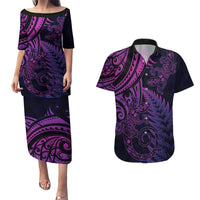 New Zealand Lizard Couples Matching Puletasi and Hawaiian Shirt Silver Fern Aotearoa Maori Purple Version LT14 Purple - Polynesian Pride
