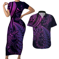 New Zealand Lizard Couples Matching Short Sleeve Bodycon Dress and Hawaiian Shirt Silver Fern Aotearoa Maori Purple Version LT14 Purple - Polynesian Pride