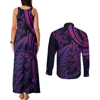 New Zealand Lizard Couples Matching Tank Maxi Dress and Long Sleeve Button Shirt Silver Fern Aotearoa Maori Purple Version LT14 - Polynesian Pride