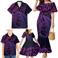 New Zealand Lizard Family Matching Mermaid Dress and Hawaiian Shirt Silver Fern Aotearoa Maori Purple Version LT14 - Polynesian Pride