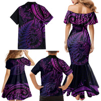 New Zealand Lizard Family Matching Mermaid Dress and Hawaiian Shirt Silver Fern Aotearoa Maori Purple Version LT14 - Polynesian Pride