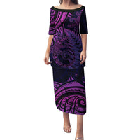 New Zealand Lizard Family Matching Puletasi and Hawaiian Shirt Silver Fern Aotearoa Maori Purple Version LT14 Mom's Dress Purple - Polynesian Pride