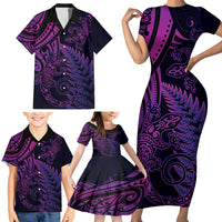 New Zealand Lizard Family Matching Short Sleeve Bodycon Dress and Hawaiian Shirt Silver Fern Aotearoa Maori Purple Version LT14 - Polynesian Pride