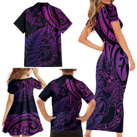 New Zealand Lizard Family Matching Short Sleeve Bodycon Dress and Hawaiian Shirt Silver Fern Aotearoa Maori Purple Version LT14 - Polynesian Pride