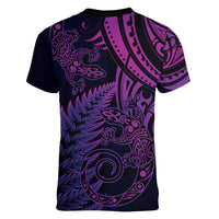 New Zealand Lizard Women V Neck T Shirt Silver Fern Aotearoa Maori Purple Version