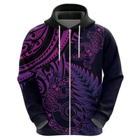 New Zealand Lizard Zip Hoodie Silver Fern Aotearoa Maori Purple Version