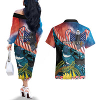 Personalised United States And New Zealand Couples Matching Off The Shoulder Long Sleeve Dress and Hawaiian Shirt USA Eagle With Kowhai Aotearoa Tui Bird LT14 - Polynesian Pride