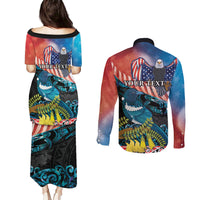 Personalised United States And New Zealand Couples Matching Puletasi and Long Sleeve Button Shirt USA Eagle With Kowhai Aotearoa Tui Bird LT14 - Polynesian Pride