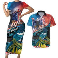 Personalised United States And New Zealand Couples Matching Short Sleeve Bodycon Dress and Hawaiian Shirt USA Eagle With Kowhai Aotearoa Tui Bird LT14 Blue - Polynesian Pride