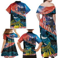 Personalised United States And New Zealand Family Matching Off Shoulder Maxi Dress and Hawaiian Shirt USA Eagle With Kowhai Aotearoa Tui Bird LT14 - Polynesian Pride