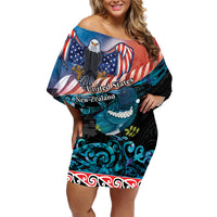 Personalised United States And New Zealand Family Matching Off Shoulder Short Dress and Hawaiian Shirt USA Eagle With Kowhai Aotearoa Tui Bird LT14 Mom's Dress Blue - Polynesian Pride
