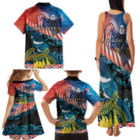 Personalised United States And New Zealand Family Matching Tank Maxi Dress and Hawaiian Shirt USA Eagle With Kowhai Aotearoa Tui Bird LT14 - Polynesian Pride