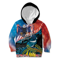 Personalised United States And New Zealand Kid Hoodie USA Eagle With Kowhai Aotearoa Tui Bird LT14 Hoodie Blue - Polynesian Pride