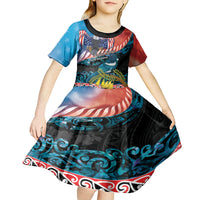 Personalised United States And New Zealand Kid Short Sleeve Dress USA Eagle With Kowhai Aotearoa Tui Bird LT14 - Polynesian Pride