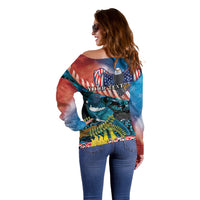Personalised United States And New Zealand Off Shoulder Sweater USA Eagle With Kowhai Aotearoa Tui Bird