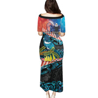 Personalised United States And New Zealand Puletasi USA Eagle With Kowhai Aotearoa Tui Bird LT14 - Polynesian Pride