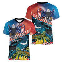 Personalised United States And New Zealand Women V Neck T Shirt USA Eagle With Kowhai Aotearoa Tui Bird