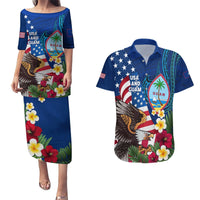 Personalised United States And Guam Couples Matching Puletasi and Hawaiian Shirt USA Eagle With Guahan Seal Tropical Vibes LT14 Blue - Polynesian Pride
