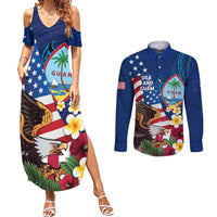 Personalised United States And Guam Couples Matching Summer Maxi Dress and Long Sleeve Button Shirt USA Eagle With Guahan Seal Tropical Vibes LT14 Blue - Polynesian Pride