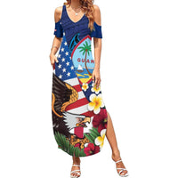Personalised United States And Guam Summer Maxi Dress USA Eagle With Guahan Seal Tropical Vibes LT14 Women Blue - Polynesian Pride
