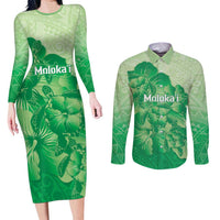 Aloha Hawaii Molokai Island Couples Matching Long Sleeve Bodycon Dress and Long Sleeve Button Shirt Hibiscus Tribal Honu Hawaiian Tattoo Green LT14 Green - Polynesian Pride