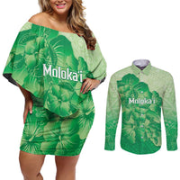 Aloha Hawaii Molokai Island Couples Matching Off Shoulder Short Dress and Long Sleeve Button Shirt Hibiscus Tribal Honu Hawaiian Tattoo Green LT14 Green - Polynesian Pride