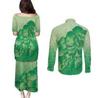 Aloha Hawaii Molokai Island Couples Matching Puletasi and Long Sleeve Button Shirt Hibiscus Tribal Honu Hawaiian Tattoo Green LT14 - Polynesian Pride