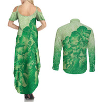 Aloha Hawaii Molokai Island Couples Matching Summer Maxi Dress and Long Sleeve Button Shirt Hibiscus Tribal Honu Hawaiian Tattoo Green LT14 - Polynesian Pride