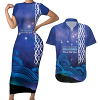 Personalised Matariki New Zealand Couples Matching Short Sleeve Bodycon Dress and Hawaiian Shirt Maori New Year Galaxy Koru Pattern LT14 Blue - Polynesian Pride