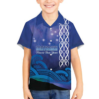 Personalised Matariki New Zealand Family Matching Off Shoulder Short Dress and Hawaiian Shirt Maori New Year Galaxy Koru Pattern LT14 Son's Shirt Blue - Polynesian Pride