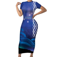 Personalised Matariki New Zealand Family Matching Short Sleeve Bodycon Dress and Hawaiian Shirt Maori New Year Galaxy Koru Pattern LT14 Mom's Dress Blue - Polynesian Pride