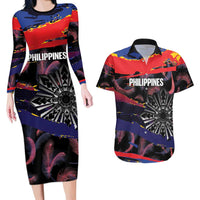 Philippines Sun Tattoo Couples Matching Long Sleeve Bodycon Dress and Hawaiian Shirt Feathers Filipinas Grunge Style Black
