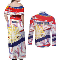 Philippines Sun Tattoo Couples Matching Off Shoulder Maxi Dress and Long Sleeve Button Shirt Feathers Filipinas Grunge Style White