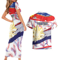 Philippines Sun Tattoo Couples Matching Short Sleeve Bodycon Dress and Hawaiian Shirt Feathers Filipinas Grunge Style White