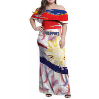 Philippines Sun Tattoo Family Matching Off Shoulder Maxi Dress and Hawaiian Shirt Feathers Filipinas Grunge Style White LT14 Mom's Dress White - Polynesian Pride