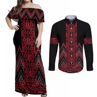 Red Aotearoa Mangopare Kowhaiwhai and Niho Taniwha Couples Matching Off Shoulder Maxi Dress and Long Sleeve Button Shirt Maori New Zealand LT14 Red - Polynesian Pride